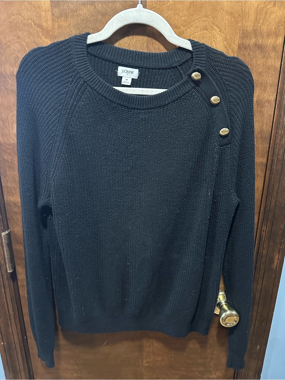 J. Crew Black Crewneck Sweater with Gold Shoulder Buttons